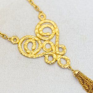 24 inch, Vintage Abstract Wavy Heart Gold Tone Tassel Necklace by Lisner - T23